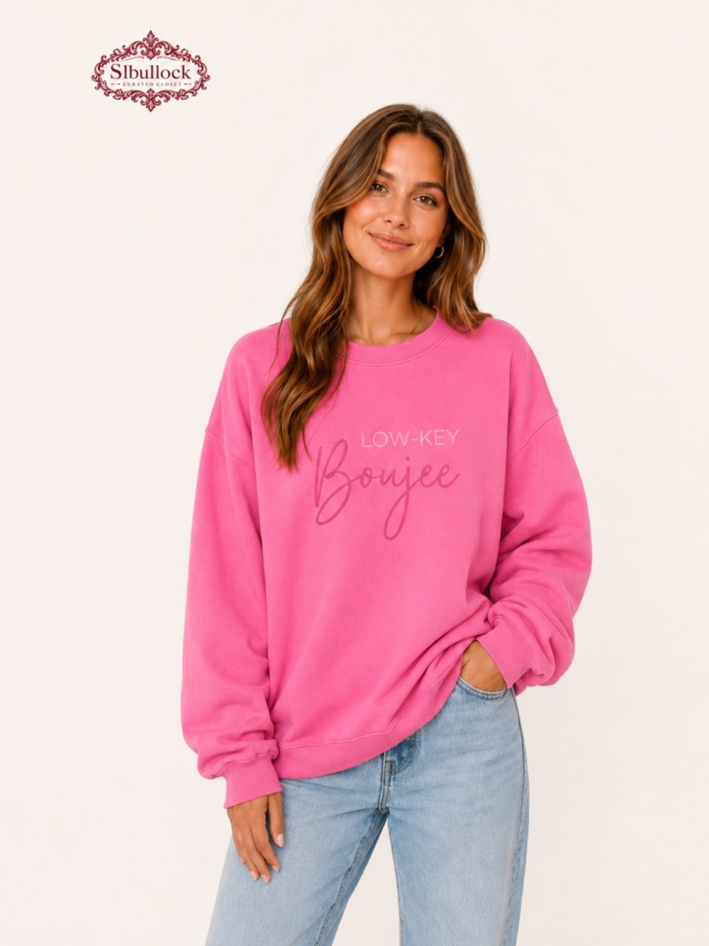 Mary Square Low Key Bougie Oversized Pink Graphic Sweatshirt Loungewear Lrg NWOT